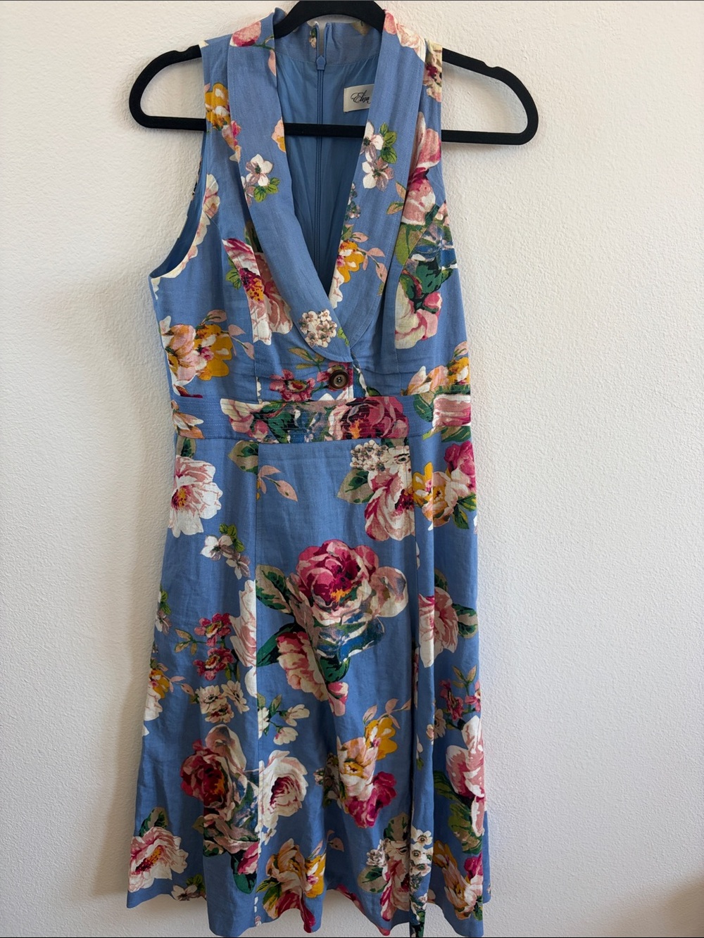 Blue Floral Sleeveless V-Neck Midi Dress by